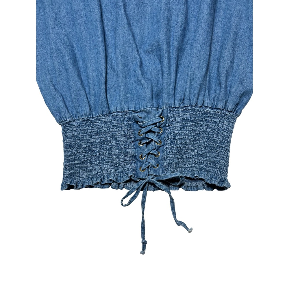 Tea Rose Denim Corset Top Women S Blue Cotton Lace Up Waist Smocked Boho Peasant - Picture 10 of 14